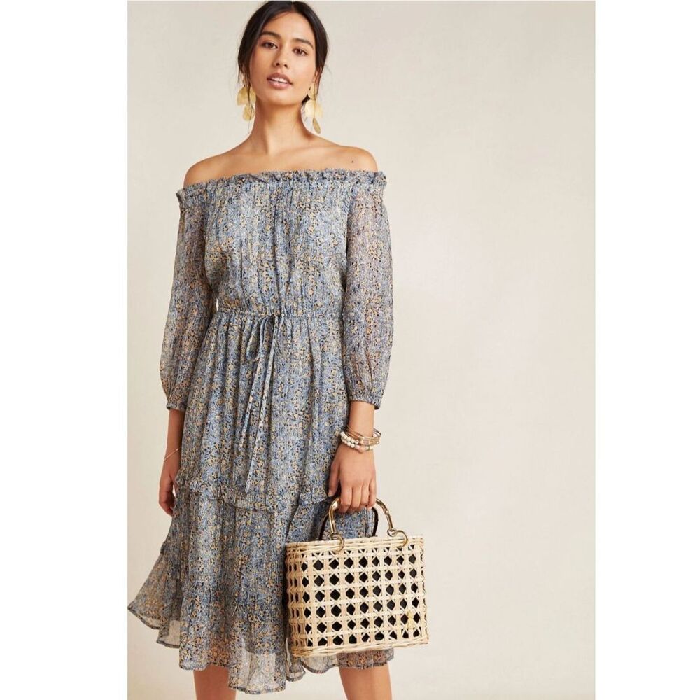 Anthropologie Kira Off-the-Shoulder Peasant Dress Blue Floral 6P